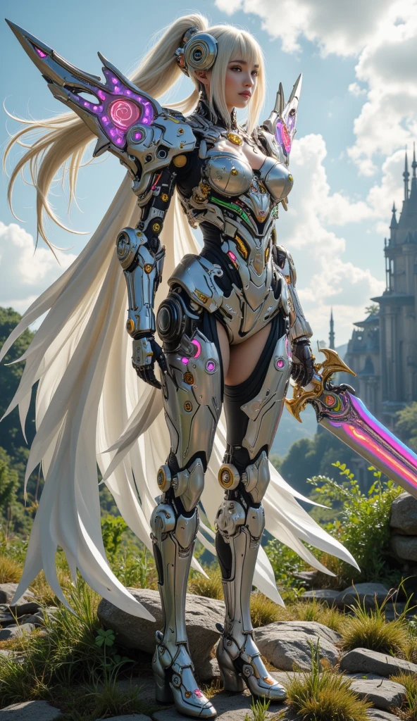 Solo, (stand up straight), physically-based rendering, Unreal Engine 5 Render, jealous, (sexy muscular body shape),(very huge fake breast:1.5), (11 line abs:1.3), (big Hips:1.3), ((beautiful cyborg woman,white Mecha cyborg girl,magenta cyber bikini g-string underwear,Mecha body girl,guard arms,gloves:1.5)), (close up upper body), (bodyskin oil,clean skin), beauty model, 4K Resolution.