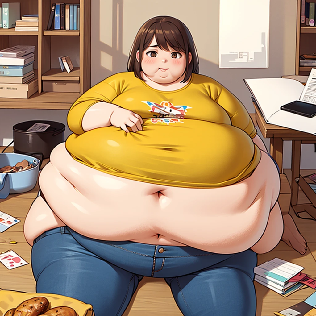 ((((HD BEST QUALITY)))) (((Cute))) ((anime)) ((anime boy)) (solo) ((1boy)), ((brown hair)) (((tube fed))) ((glasses)) ((nerdy)) ((heavy)) (gluttonous), he is a super fat chubby nerd boy who has a really huge fat jiggly belly and fat thighs and fat cheeks and a chubby neck and he is being force-fed milkshakes through a tube and he enjoys getting fatter and fatter from the milkshakes.