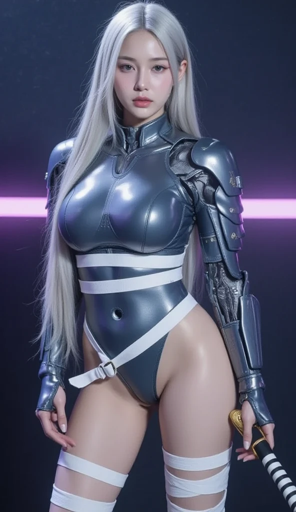 (1GIRL, alone, 独奏), (super detailed face), (Black Long Hair:1.2), (BIG BUTTOCKS, 11 LINE ABS, CLEAVAGE, HUGE FAKE BREASTS:1.5), (MECHA GUARD ARM:1.3), (A girl wearing sexy clothing,scantily clad,Whit cyberpunk sexy maillot,tight clothing,maillot,tight,fitting closely,High slit tight fitting clothing,Glowing eyes,Gloves,(A huge chest:1.4),Large area of skin,The only person,lackluster in one's eyes,A cold expression,White woman,mechanical artificial limb,Mechanical neck,mechanical high heel stiletto boots, Slim waist, Wide hips,High target,Full body portrait,完美的woman身体,woman形象,High-tech laboratory,woman,a voluptuous figure,Mechanical joints,Cyberpunk,Half of the chest is not covered,Thigh gap, Ceramic material,Hollow waist,Facing the audience,very short shaved hair,White hair,crew cut,tomboy, giant breasts, giant ass, very curvy, shiny silver hair, bright blue coloured eyes, cyborg, robotic arms,mechanical parts,Bare thighs,Sexy clothing,Mechanical headphones,Expose buttocks,Bare waist,Large area skin exposure, MECHA GUARD ARMOR LEGS, HIGH HEELS:1.5), (THICC MUSCULAR FEMALE BODY, SEXY LONG LEGS:1.1), (LOOKING AT VIEWER:1.3), (female focus:0.886),(BRIGHT LIGHTING:1.5), ULTRA HIGHT DEFINITION,Whit,highleg leotard,cyborg,cyberpunk