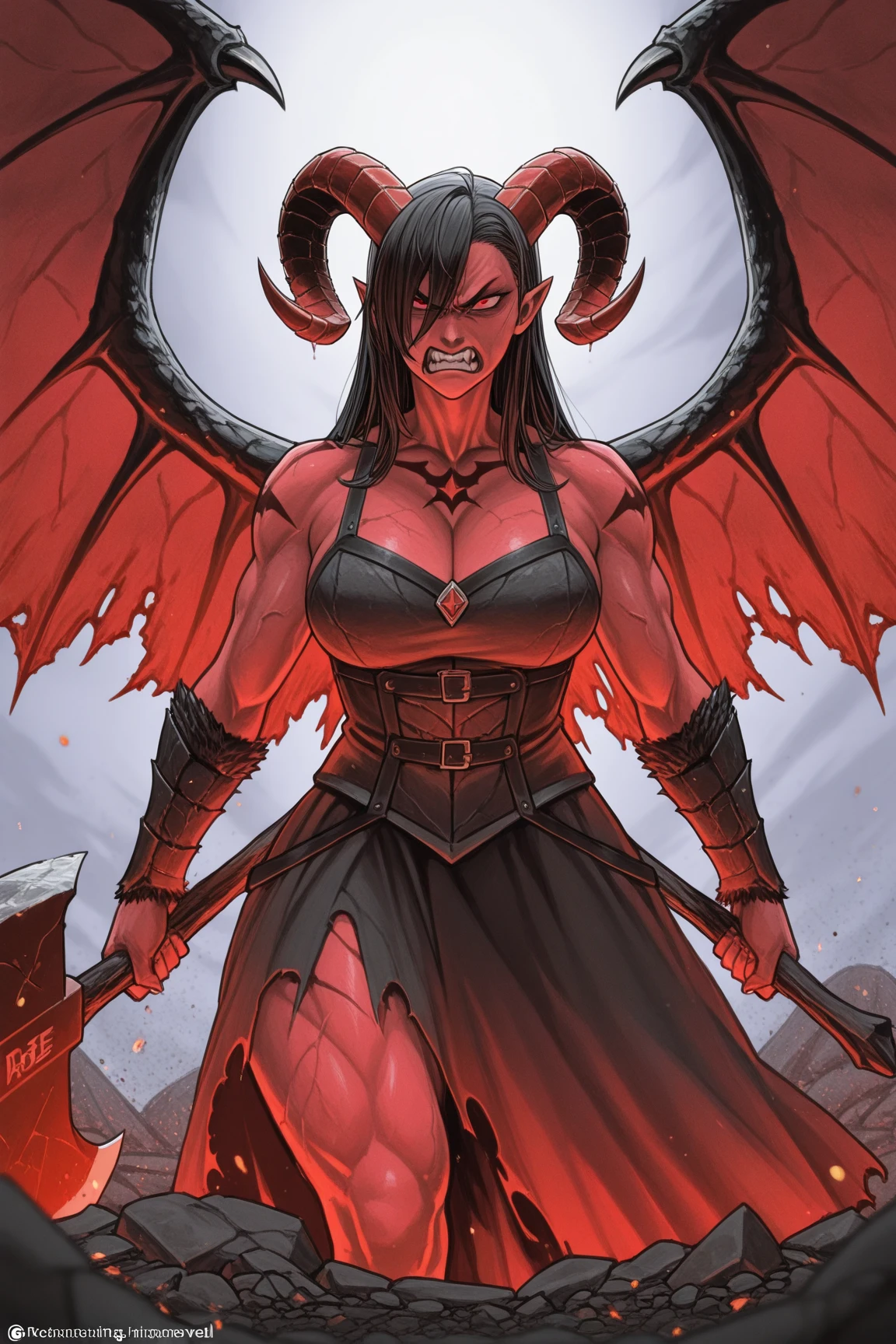 (masterpiece, top quality, best quality, official art, beautiful and aesthetic:1.2), (1girl:1.3), (black hair in big (ponytail)), extremely detailed, portrait, looking at viewer, solo, (full body:0.6), detailed background, close up, (hot medieval church theme:1.1), Tiefling, female, horns, tail, wings, long hair, tail, black hair, dragon girl, dragon horns, blood, scales, dragon wings, (((red skin), colored skin)), extremely busty Tiefling, charlatan, wicked grin, sultry smirk, forked tongue, mysterious, seducing in a cathedral, black ram horns, curled horns, curved horns, demon horns, skimpy leather (sports bra), sleeveless, fingerless gloves, claws, shotgun, ammo belt, shotgun shells, black leather, thong, thigh-high boots, bracers, boots, buckles, straps, ((((gigantic breasts, cleavage, skindentation)))), cute belly button, trim tummy, slim waist, slim hips, long legs, athletic, stained glass windows, candlelight, Medieval Europe, (Cathedral exterior:1.1) background, dark mysterious lighting, shadows, magical atmosphere, dutch angle