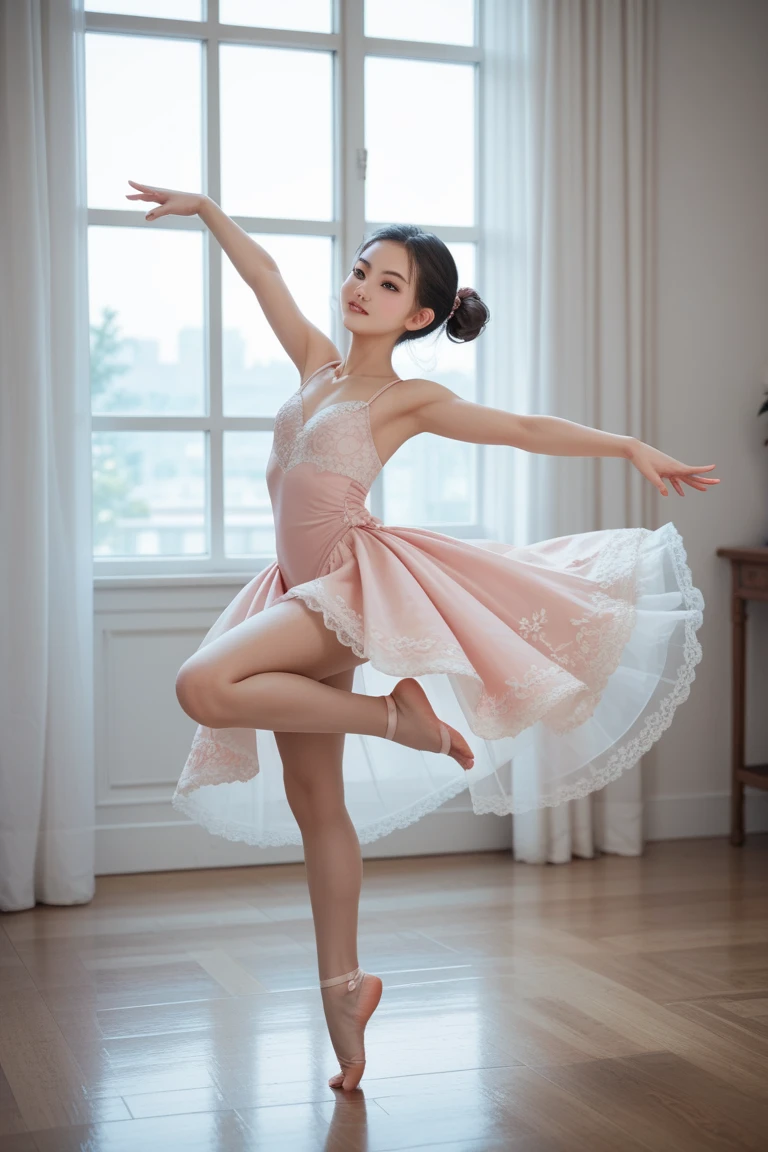 best quality,masterpiece,ultra high resolution,(actual:1.4),original photo,ultra high definition,8k,there is a woman,cold,long legs,confident, Beautiful and generous,dance studio practice