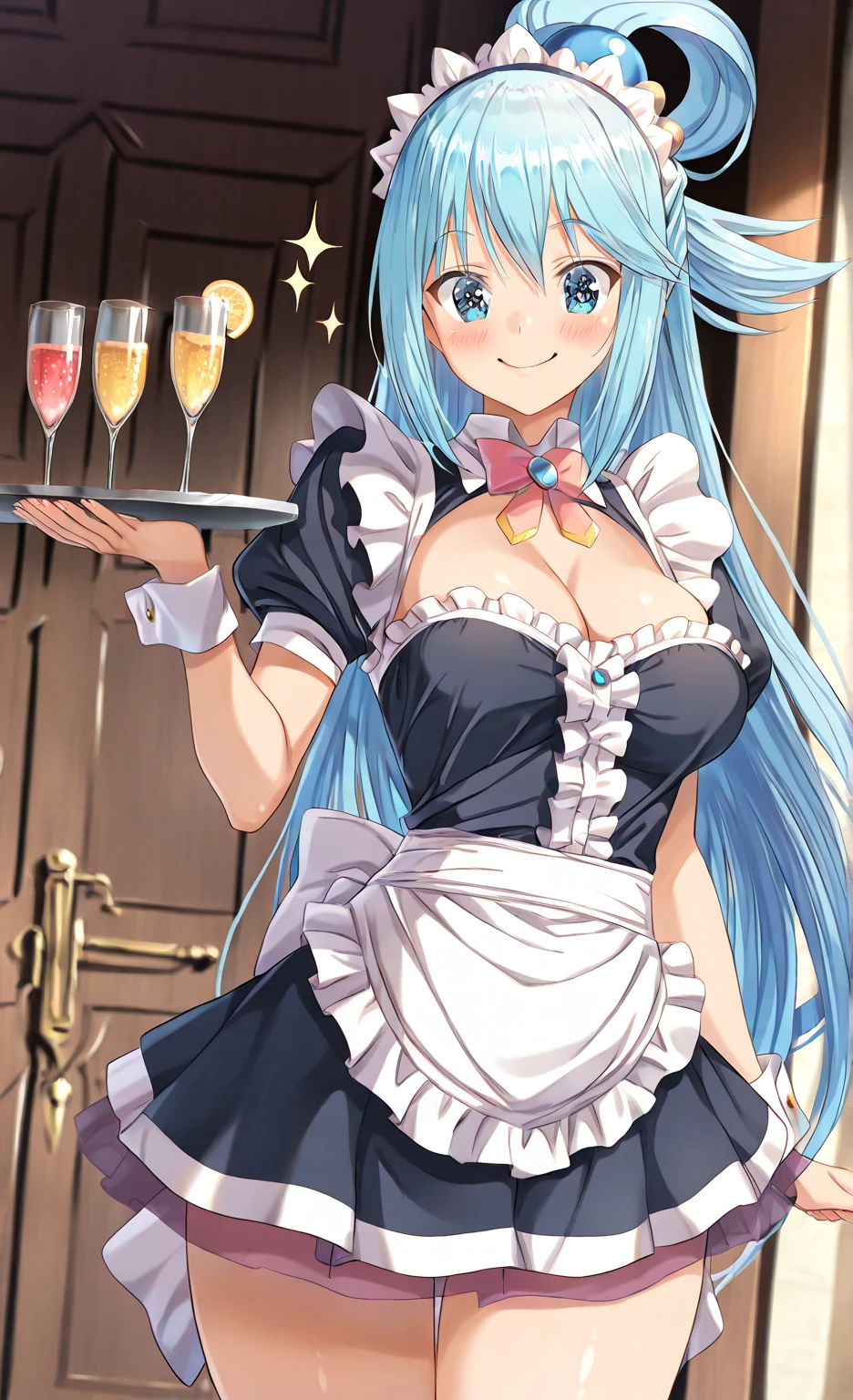 {evil smile},professional shot, cute young woman, slender body, medium round breasts, European face, ((turquoise hair)), white apron, black maid uniform, holding a tray with cake, standing near the bar counter, bakery background, Adobe Lightroom,{evil smile},
