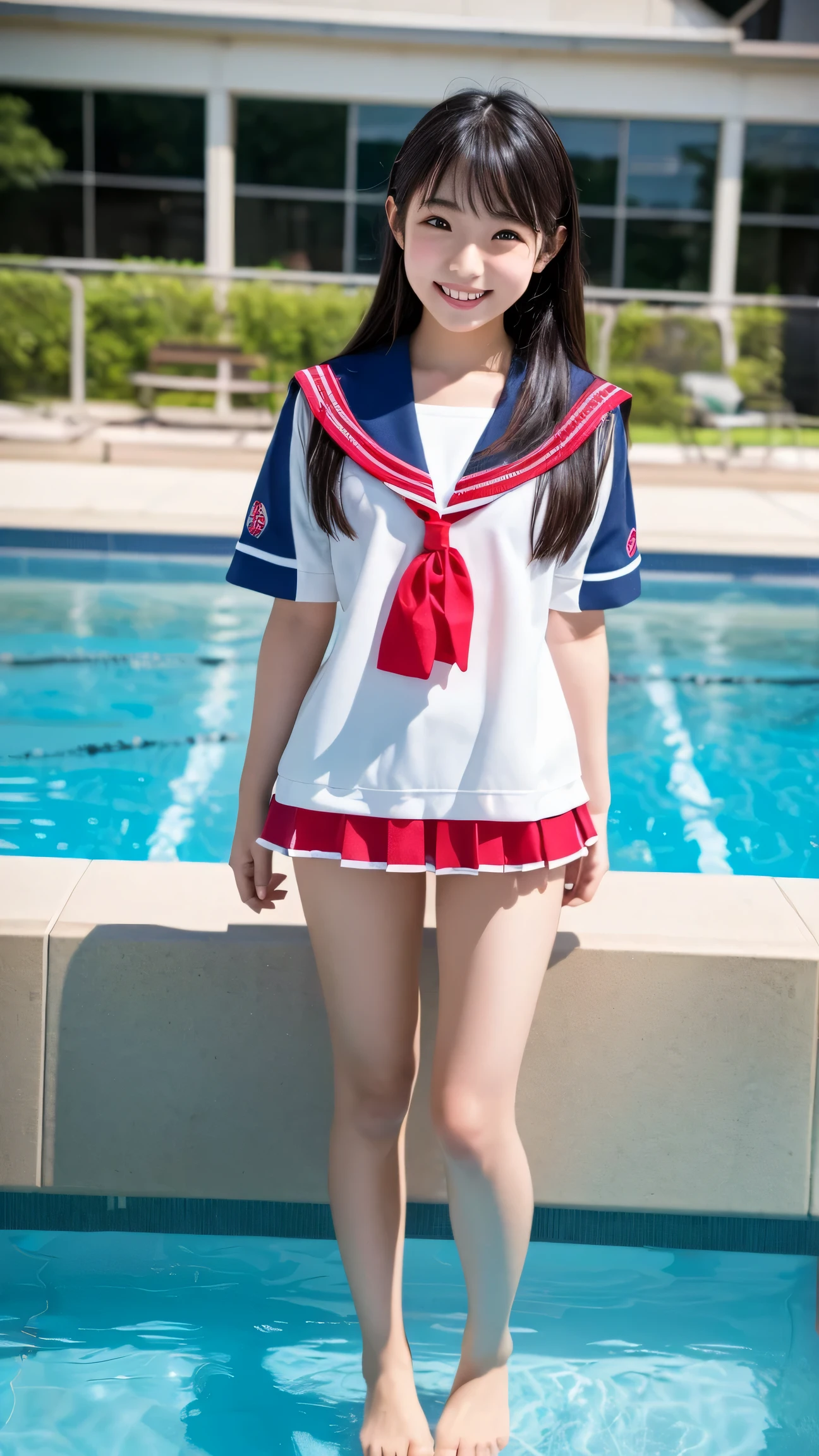 A realistic Japanese female high school student standing by the school pool、cute face、is smiling、Long Black Hair、summer sailor suit、miniskirt、Barefoot、full body view