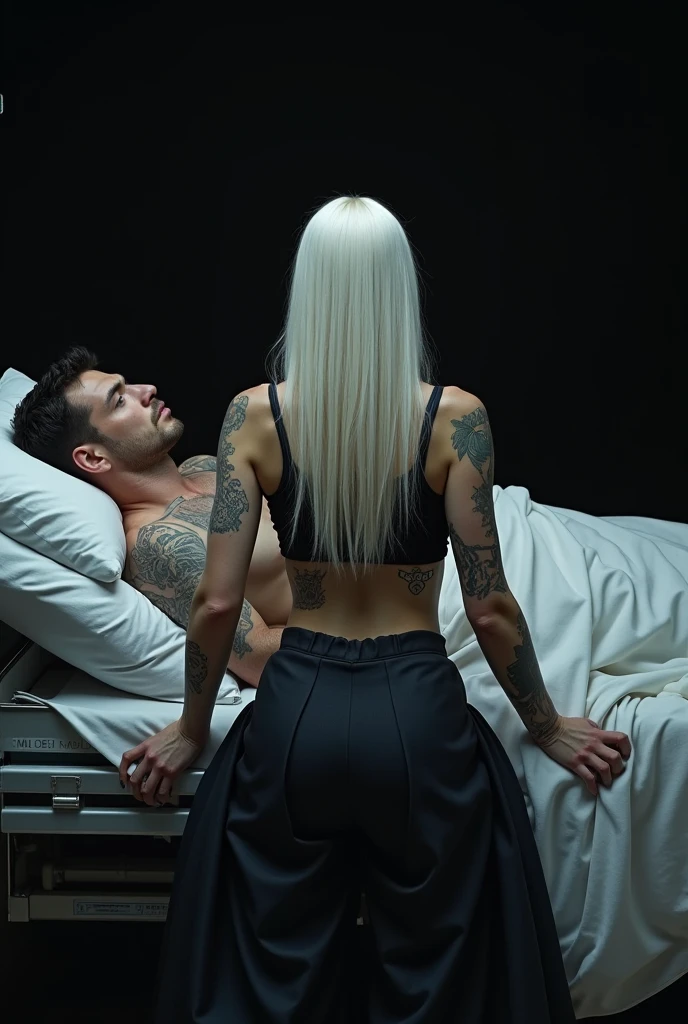216 cm tall, 33-year-old man, short platinum blond layered swept back hair, dark skin, red eyes, Arabic-Egyptian features, black pants, intense expression looking down at her, straddling a 24-year-old far shorter woman on her back looking up at him with vibrant maroon side parted wavy hair and light skin wearing white pants and black bra beneath him on a bed in a minimalistic bedroom, dark lighting, photorealistic, cinematic