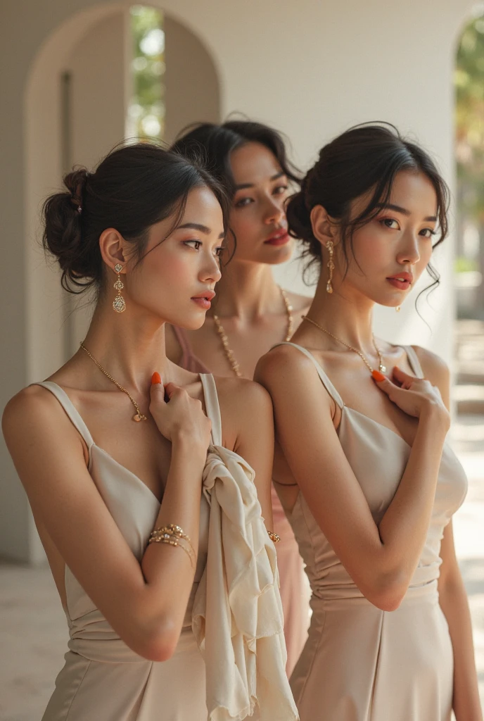 Estilo boho-chic. Una hermosa mujer ayuda a su hermosa hermana a maquillarse. They are in a room with a stunning vintage style vanity. Son mujeres que se visten de una manera moderna muy atractiva.. 2023.