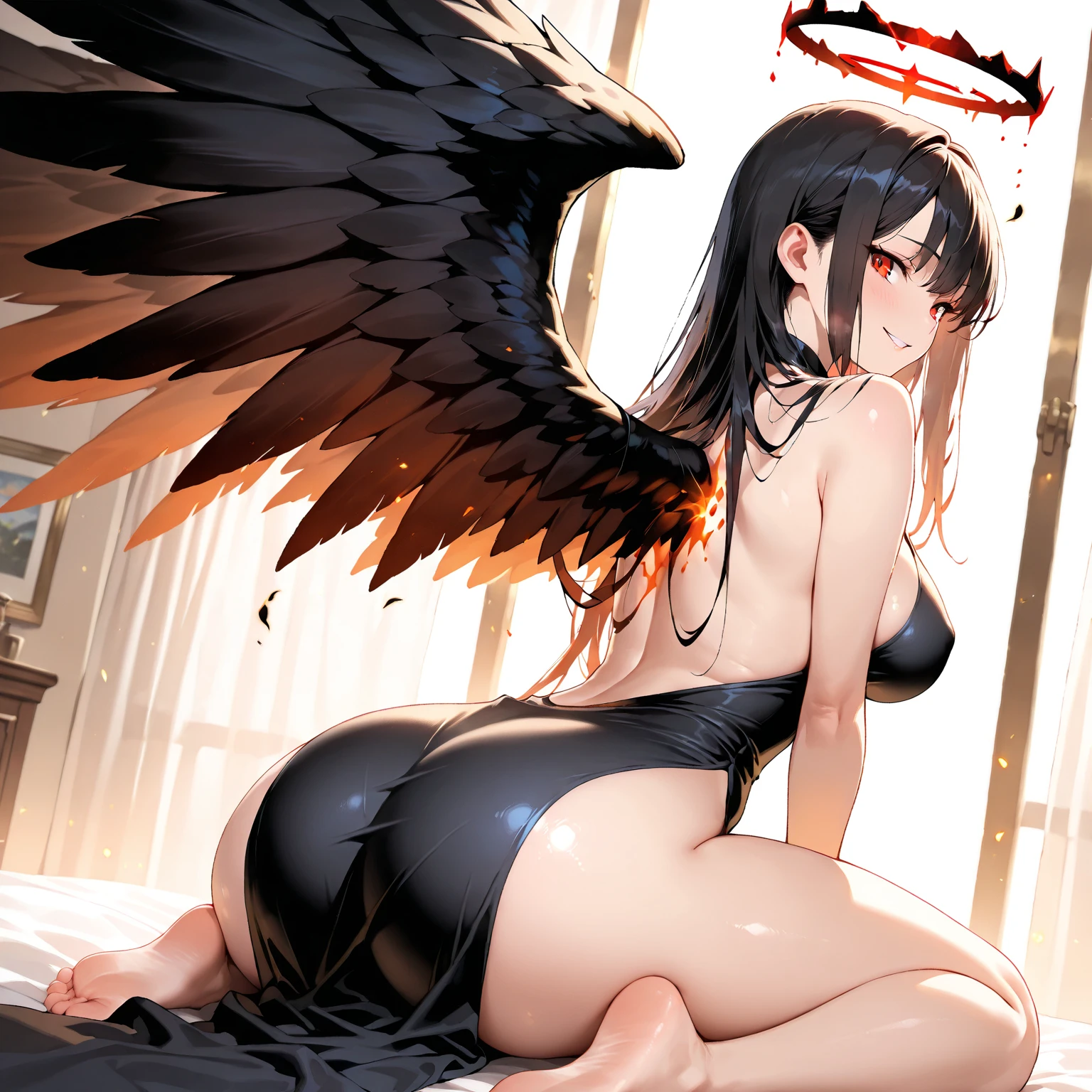 girl in black lingerie with angel wings on bed, full - body majestic angel, angelic wings on her back, seductive anime girl, villainess has black angel wings, super wide angel, wide angel, black wings instead of arms, angel with black wings, anime goddess, beautiful alluring anime woman, low angel, angel girl, dark feathered wings, black bikini
