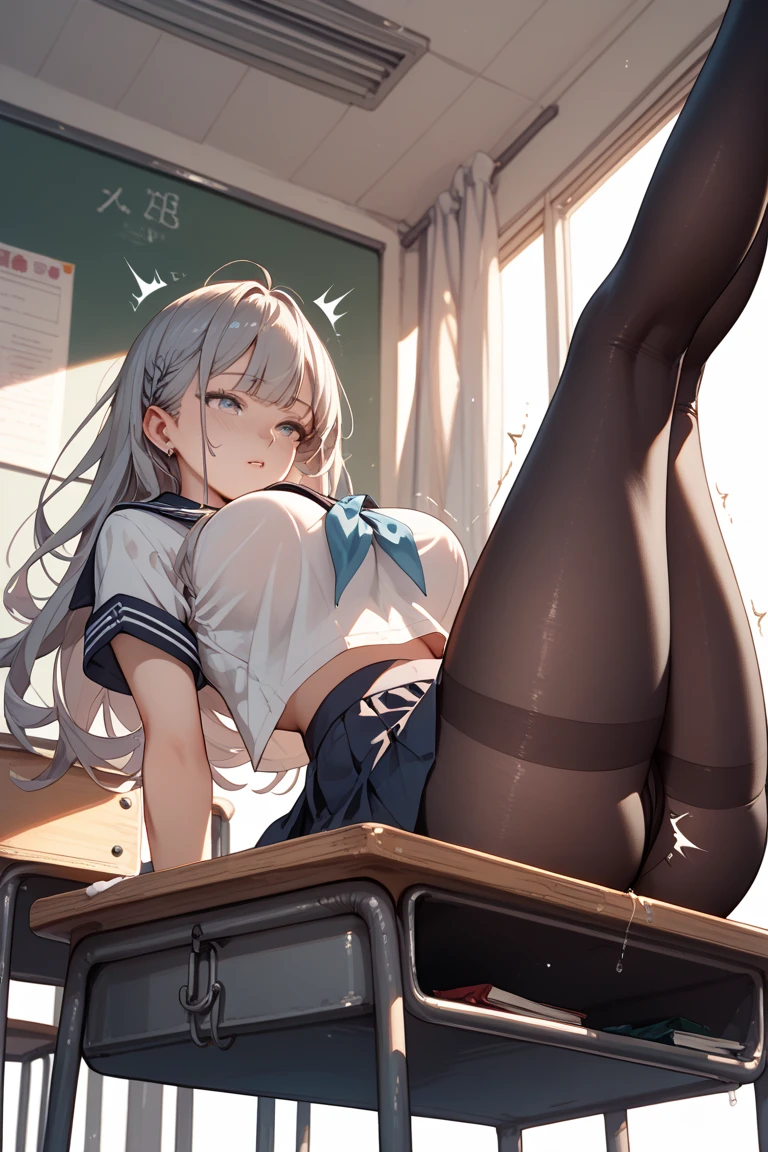 indoors, classroom, sitting at the desk, Edelgard, multi view upper body, upskirt panties view, legs together, a3r1th, pee, pee herself, perfect female figure, Edelgard, holding pen, silver hair, purple eyes, red pantyhose, school uniform black panties, hair ribbons, black ankle boots, looking down nervous, shy, embarrassed, excited, shocked, panicked,  worried, outdoors, very desperate to pee, urination, cross-legged, rape face, full-face blush, high detail, realism, hyperrealism, multiple views, wide shot, pov, from above, ccurate, masterpiece, highres, UHD, anatomically correct, super detail, best quality, highres, full body --auto --s2