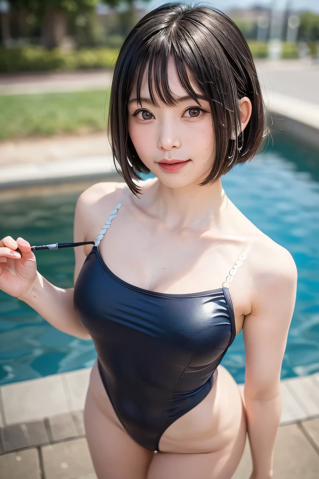 (masterpiece, top quality, 超high resolution), (realistic: 1.4), ((white fair skin :1.4, beautiful long legs , Teen、Only one person、Youth、Mirror image from above,chestをクローズアップ、 look up at viewers, close up of face,cute, cute, dark hair, bob cut, short hair from the front, Big chest: 1.8、シンメトリーの美しくcute顔、cute笑顔の顔、perfect anatomy:1.8、high resolution))、 (bikini swimsuit for walking on the ocean: 1.4, simple blue and black two-tone swimsuit, shiny bikini , realistic golden ratio 、 A sparkling swimsuit with a reflective surface, wet body: 1.3) 、(famous Japanese portrait), (smile, happy, joy, cheerful, is laughing), ( chestが腕と腕に挟まれた巨乳), very detailed eyes , Long neck, bang, Lashes, big eyes、(({detailed eyes drawn on giants|big|detailed eyes drawn on giants|Mega} chest, 大きなchestの谷間、Perfect Anatomy、bangs:1.5 ))、Natural Light、 Transparency、Beautiful waterfront backdrop with no one、Fascinating dynamic angles