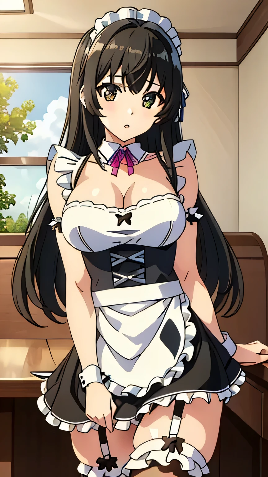 (masterpiece, best quality), high resolution, 8k:1.2), (anime coloring:1.2), highly detailed, beautiful eyes, perfect eyes, fine eyes, brown eyes, featuring big highlights, detailed face, highly detailed, fine eyes, symmetrical eyes, highly detailed, perfect face, beautiful eyes, perfect eyes, detailed face, highly detailed, symmetrical eyes, beautiful face, perfect body, beautiful body, beautiful breasts, (perfect hairstyle), kaede, 1 girl, solo, hair ribbon, black hair, long hair, bangs, (medium breasts), (nffsw, maid uniform, frills, headband, miniskirt, frills, garter belt, coffee shop, blushing),