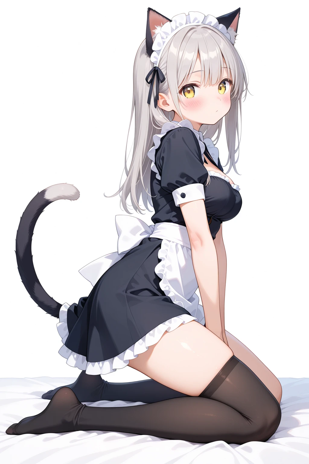Blush, ((((White color blouse)))),  white long boots, (on top of the bed), Kneeling, D-cups, White hair, ahoge, Heart-shaped pupils, blue color eyes, (((((cat ear))))), is shy，White gloves， torogao, Reflectors, Yandere, anime big breast, Chiaroscuro, Ray tracing, shadowing, hyper HD, Masterpiece, Accurate, Anatomically correct, Textured skin, Super detail, High details, High quality, Award-Awarded, Best quality, A high resolution, 16k，(There is love around you)，((((Tempting))))，Get wet