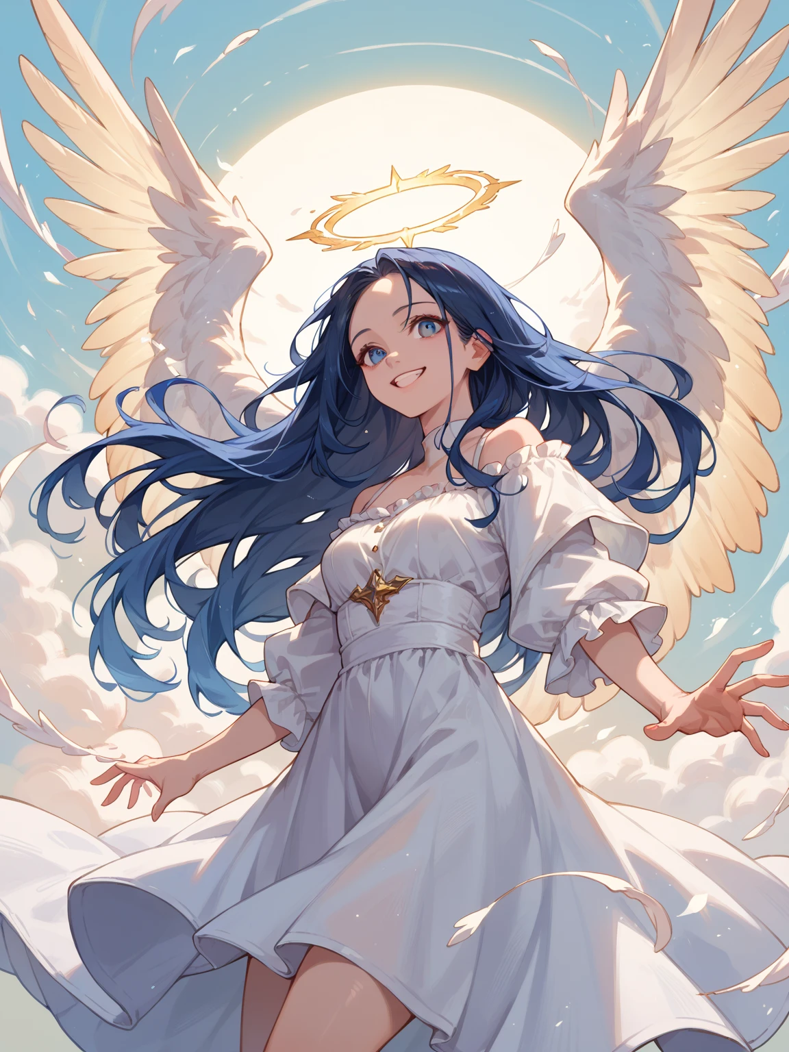 Angel anime girl, with halo, white wings, beautiful