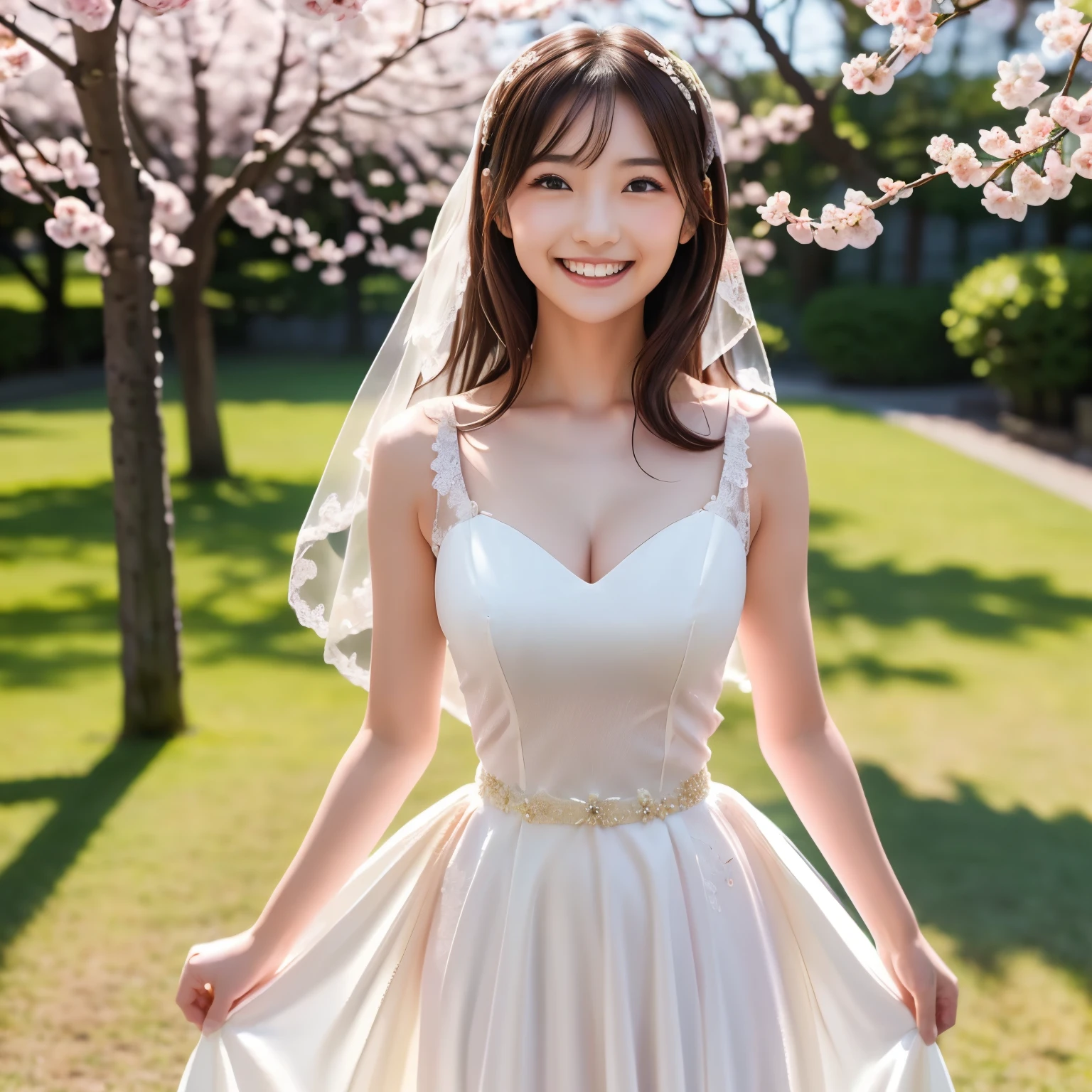 A girl smiling in a sexy wedding dress, Japanese women。Beautiful breasts。
Textured skin, Flower storm、Front blur, Hair Flower, Lens flare, Sparkle Effect, reflected light,