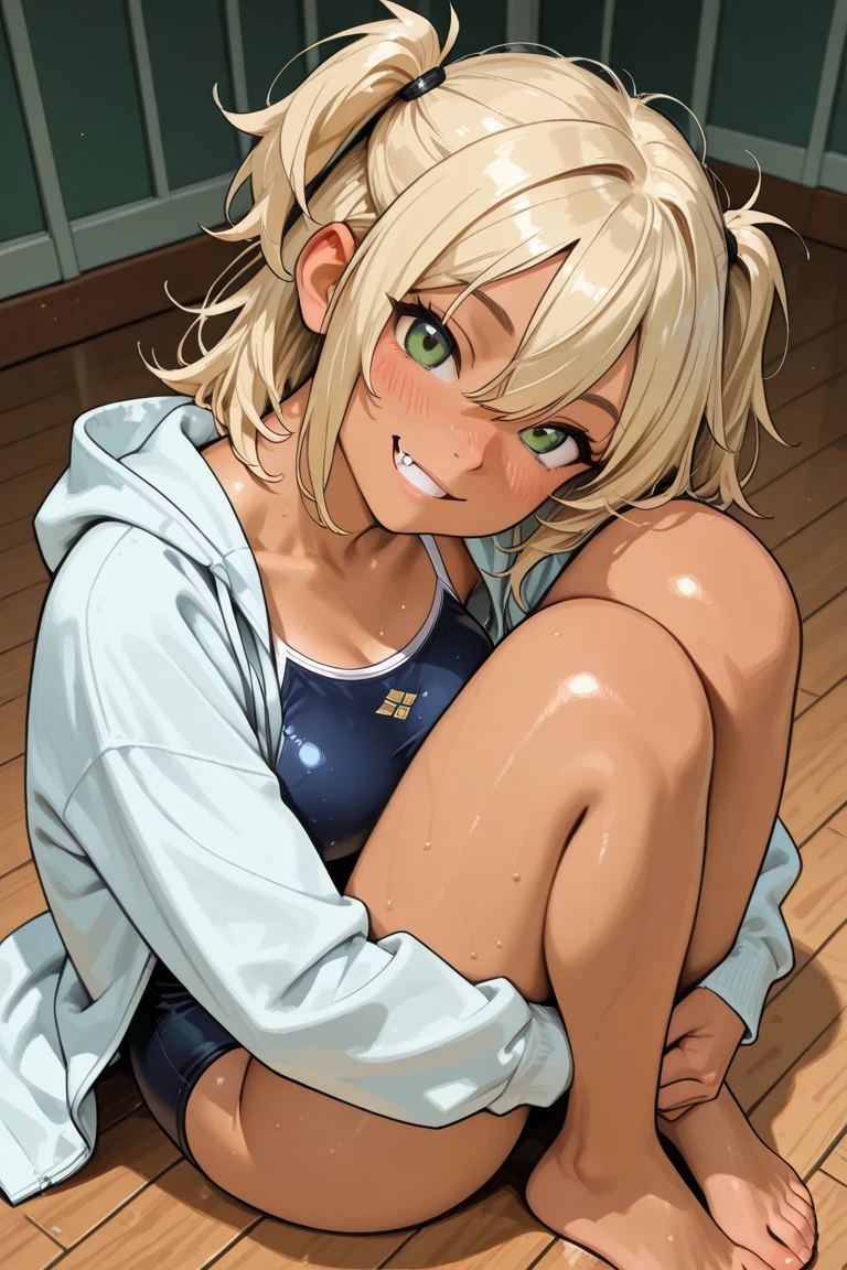 ((young girl ,short stature,gyaru)) ,flat chest, nsfw,heavyset,,glad, delightful, smiling,bangs pinned back, side ponytail ,Dot pattern swimsuit.erectile nipples, cameltoe,stand,from abovi,on the boy