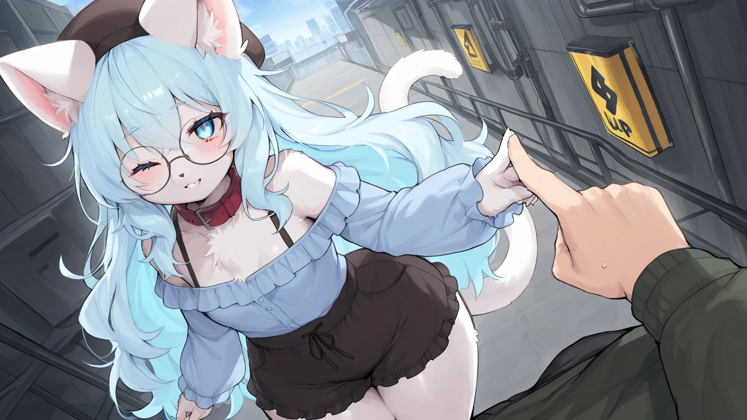 Ippan_josei, by gudlmok99, by sleepiness18, by kikurage, full body shot, standing close to you, solo, (looking_down_at_viewer:1.2), looking nervous, smiling nervously, playing with her hair, blushing, (wearing_red_button_up_shirt:1.2), Blue skinny jeans, blue eyes, clearly drawn eyes, good anatomy, white and red boots, outside a Japanese cafe, pov, (low-angle shot:1.1), tall woman, dutch angle