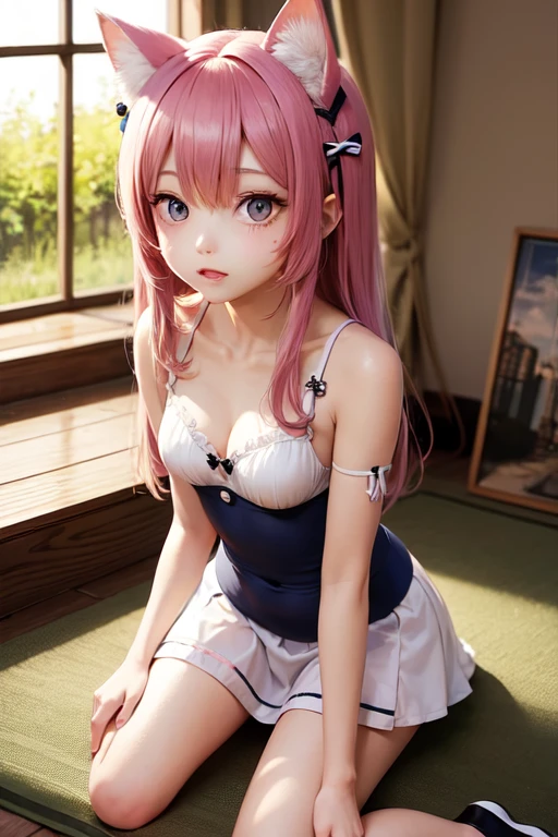black pantyhose,loli,sailor,skirt,cute,lying,,pink hair,twintails,,shy,medium breasts,panties under pantyhose