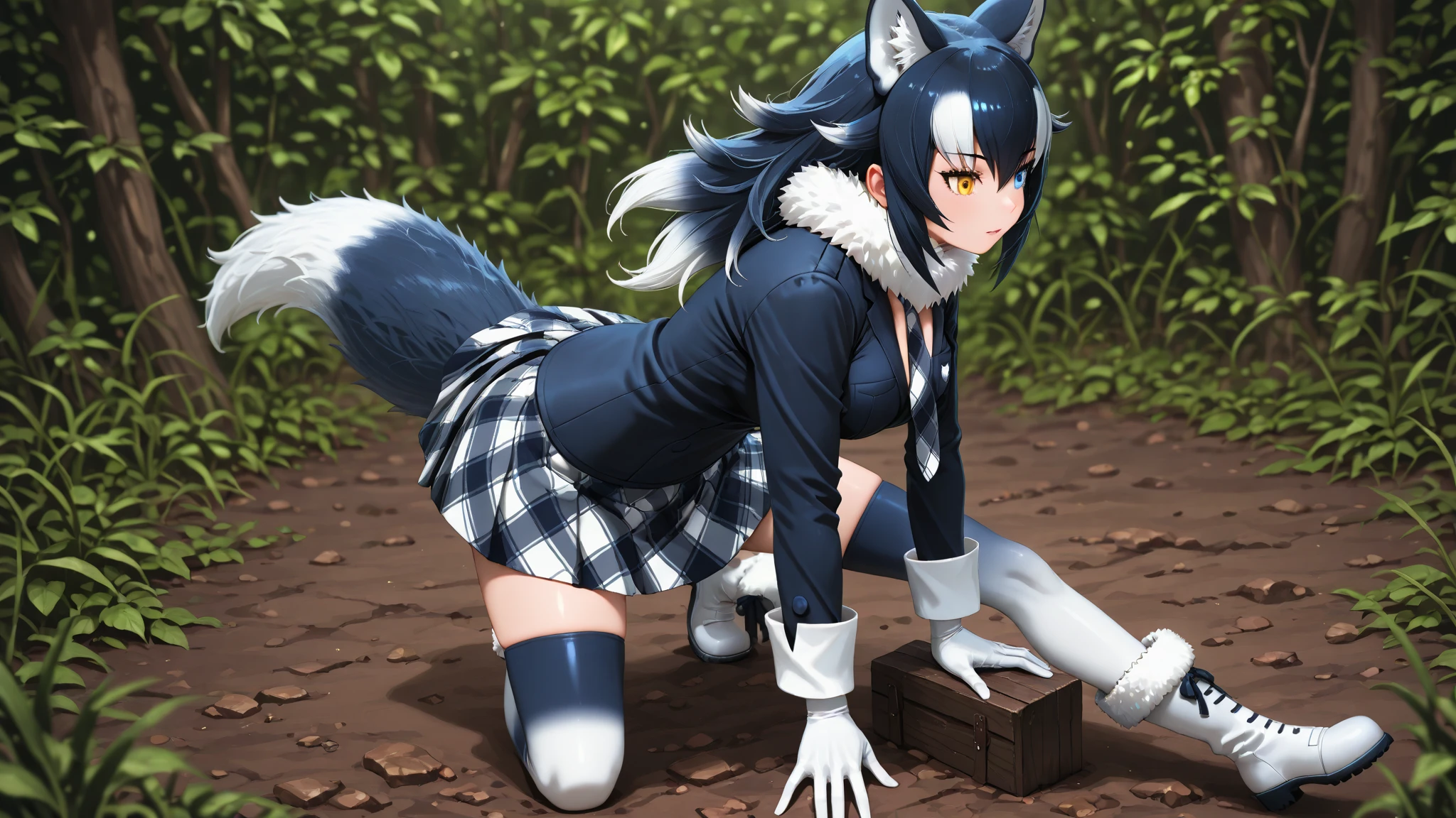 masterpiece, best quality, 1girl, solo,blue hair, blue fur,green eyes, ( werewolf:1.2),all fours,wooden floor,school uniform, bush, wolf tail, <lora:Werewolf-A3-V2:0.8>