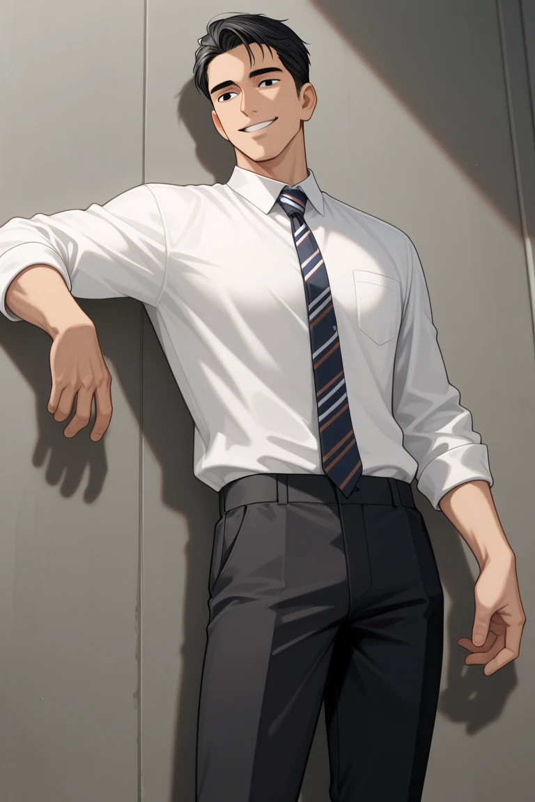(1 Adult male),A high resolution, Sharp focus, Pixiv masterpiece, ((Complicated details)), highly detailed, natsuki_subaru, 1 man, with her mouth open,full bodyesbian,sit astride, blue colored eyes(eyes glowing), blue short hair,white shirt,Wear a tie,Wear a belt,perspire,look from down