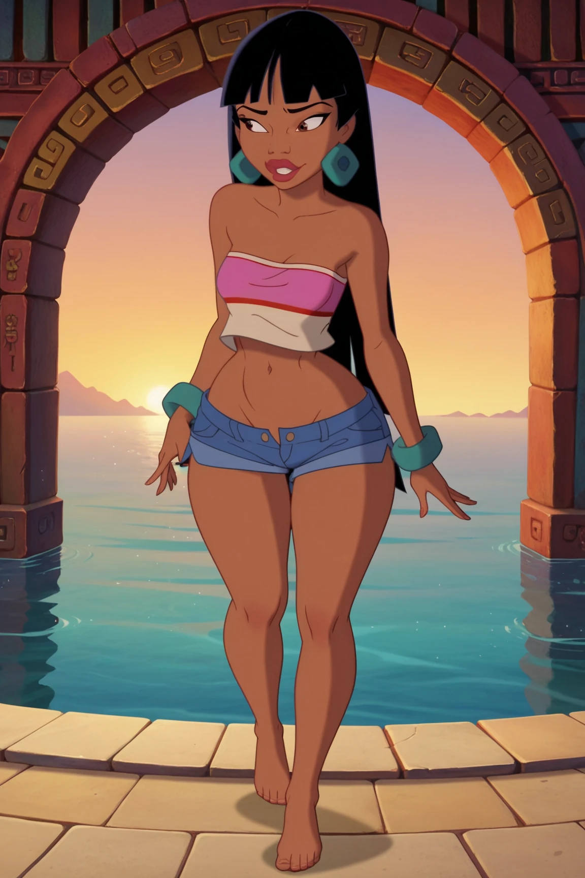 Masterpiece artwork, the best quality, oils, 1 girl, (Katara), ZaUm, elysiumChar, toned, (darkskin:1.3), chestnut hair, longye hair, diaphragm, white shirt, jewerly, blue bikini, ((cowboy shot, from the rear)), beach background, SUNSET, warm colours, (blue colored eyes:0.6), detailded, no panties, Kale, ((Katara))