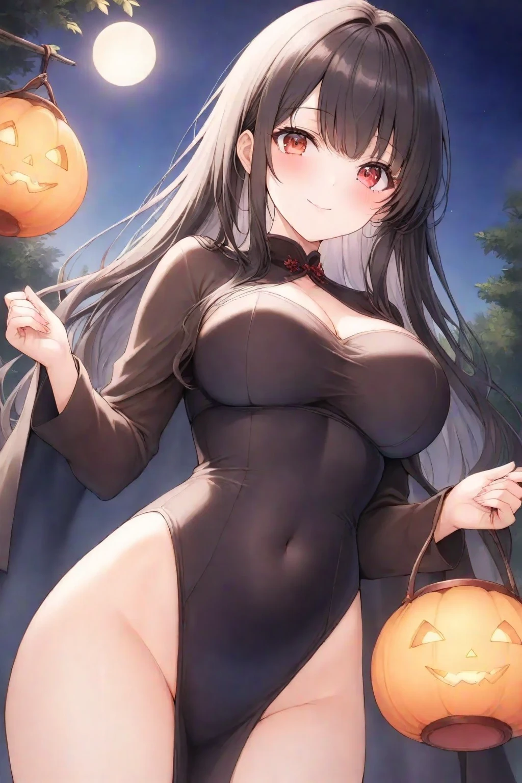 one girl, black dress, black long hair, 24 years old, face-Mature, Hanging eyes, Hugh breast, light smile, Fang, full body shot, Standing, deep crimson eyes tiara, night, Medieval castle super moon, BREAK, one red wine glass, Bats, pumpkin