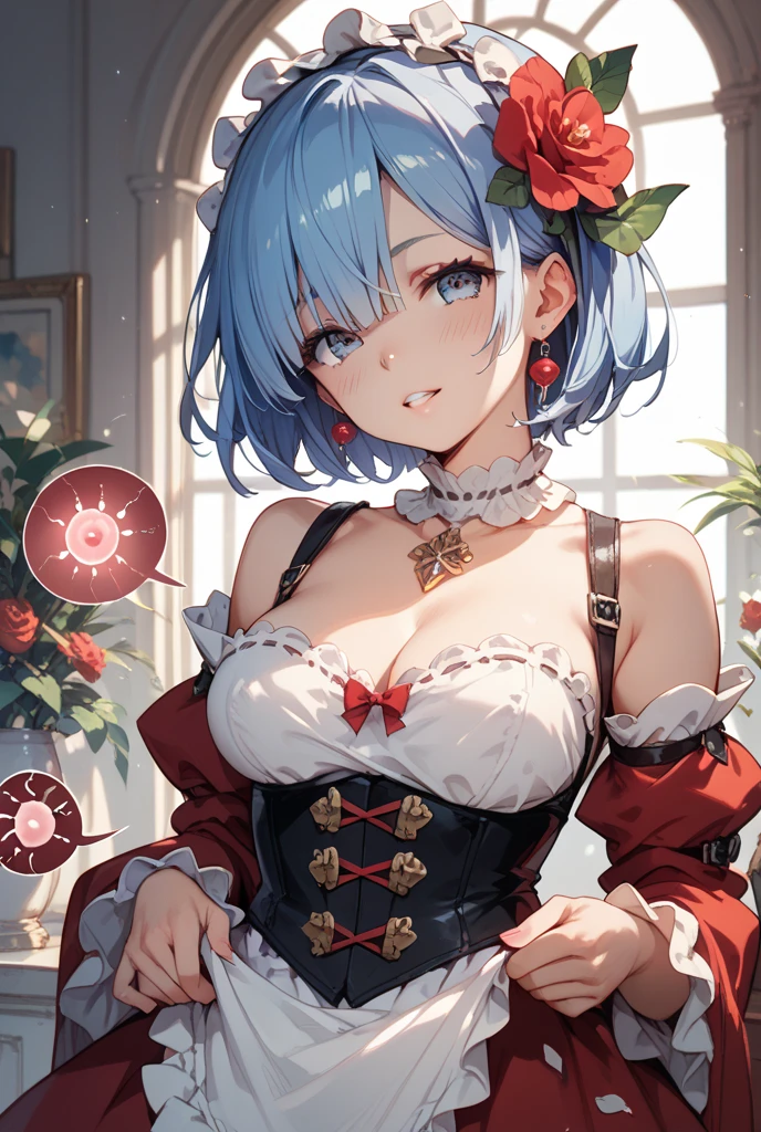 ((Best Quality)), ((Masterpiece)), (detailed), anime girl, short blue hair, dressed in black, stuck clothes, showing some chest, magical powers, spell, in love, looking to the right, coquette, sexy, murderess