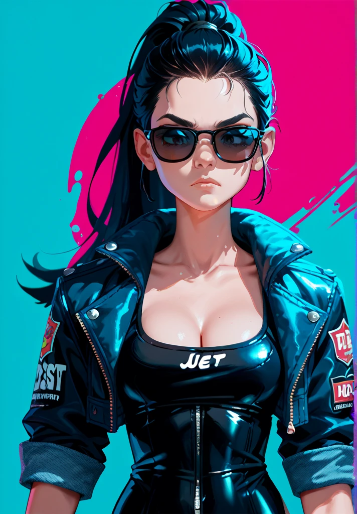 cleavage, midriff, woman, bicycle helmet, sunglasses, bodysuit, shorts, <lora:b1keg1rl-v1:1>, analog style, modelshoot style, portrait of woman by Flora Borsi, style by Flora Borsi, bold, bright colours, rainbow Mohawk haircut, ((Flora Borsi))