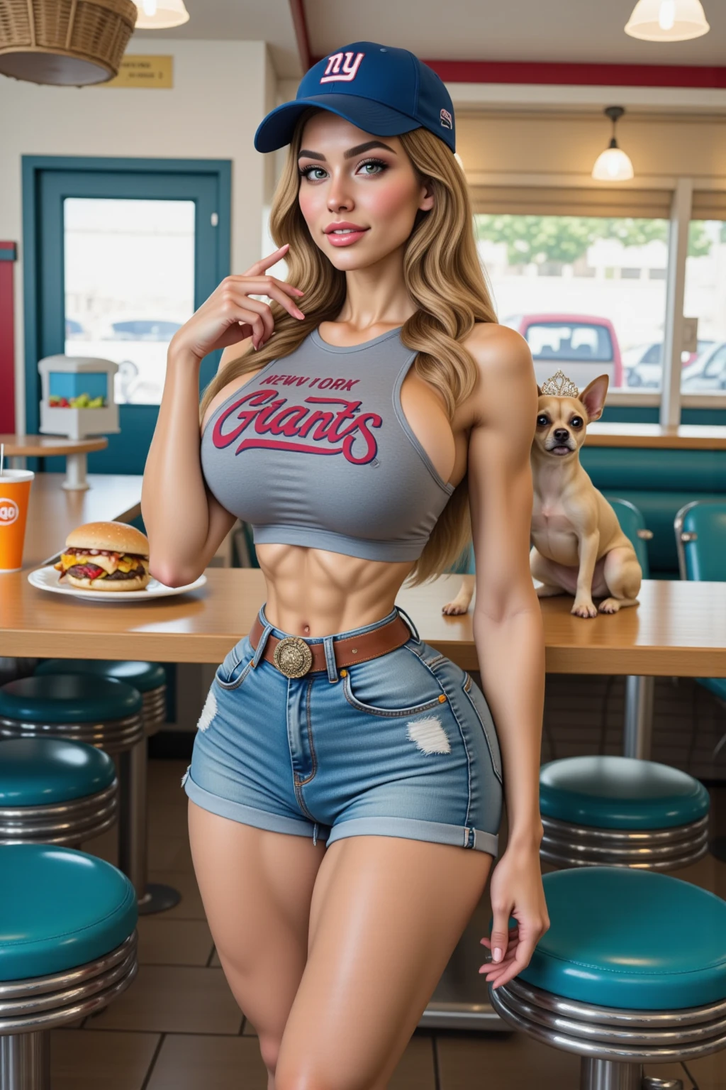 eyes, masterpiece, best quality, 85mm photo, shallow depth of field, tack sharp, solo, 1girl, 20yo English woman, (most beautiful woman on earth, detailed face and eyes:1.4), blonde hair in high ponytail, very tanned white skin, huge green eyes, (extremely close to camera:1.5), plump full lips, kind confident smile, huge breasts, cleavage, wide hips, huge perky ass, exaggerated hourglass physique, shredded muscular body, tall statuesque goddess, zero body fat, thick muscular thighs, muscle definition, striations, broad shoulders, deltoids, tiny waist, long lean torso, real hands, (very slender fast food restaurant cashier, taking orders, restaurant uniform:1.2), flexing biceps and legs