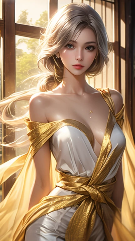 A beautiful lady, with a long strapless golden hanfu that covered her beautiful and mature body to the floor her skin was a milky white and creamy tone with a pink tint in the sensitive areas that made a beautiful contrast with the golden dress and her full figure whether it was the hips or bust they were succulent to the eyes, a delicate face, thin lips and thin nose, Her eyelashes were golden which matched her golden viper eyes and long golden hair that ended at her ass..