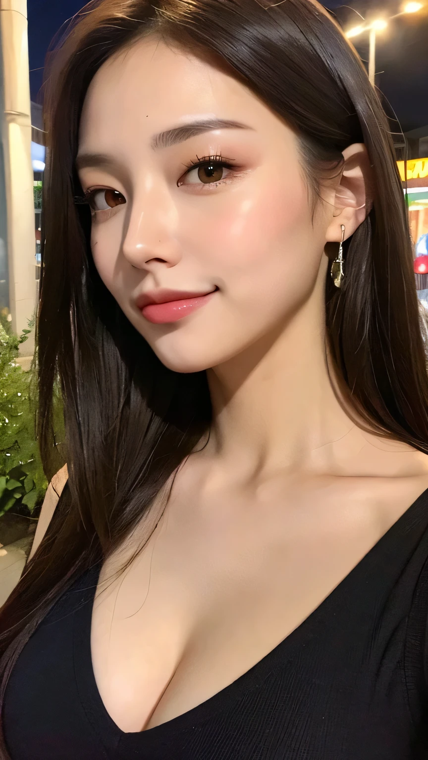 ((highest quality, 8k, masterpiece :1.3)), One girl, Selfie, close, A very affectionate smile:1.2, Slim face, Beautiful woman, (Dark brown hair), Big Breasts:1.3,White T-shirt, Highly detailed face, Fine grain, double eyelid,  Blur the background, Slim face, city, hotel lobby,  