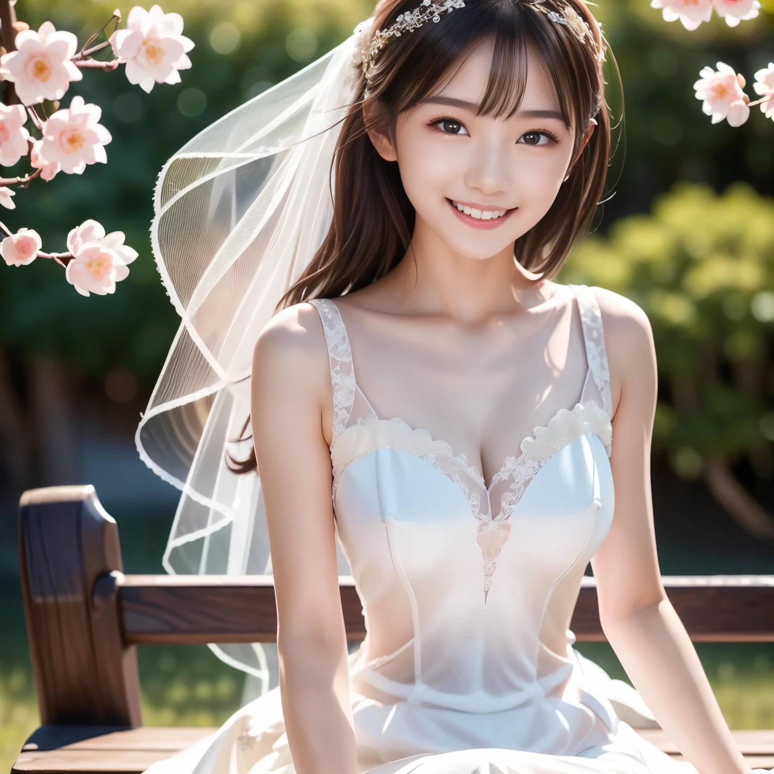 
A girl smiling in a sexy wedding dress, Japanese women。Beautiful breasts。

Textured skin, Flower storm、Front blur, Hair Flower, Lens flare, Sparkle Effect, reflected light, Lakeside。
Bouncing