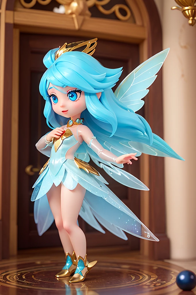 a fairy with transparent wings, with long golden hair and large light blue eyes, she has numerous sparkles in her eyes. She had golden hair, bright eyes and transparent wings that sparkled like diamonds.