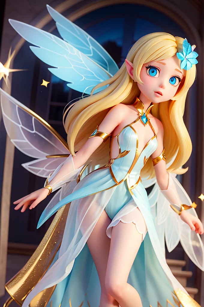 "Imagine a magical scene: Blonde Elegant Pixie, Bright blue eyes and a mysterious aura.Huge breasts, Showing cleavage，Perfect body，Her graceful figure, Slim waist，Curve symmetry, She was wearing a delicate baby doll dress，The skirt flows freely on her body, Capturing the essence of femininity and fantasy. On your back, Beautiful transparent wings spread out, Reflecting sunlight，Become an ethereal work of art. Holding a bow and arrow, She is fragile，It is also strength, Elegant and clever. This magical sight transports us to a magical realm where beauty and adventure blend together, The spirits are the essence of nature in its most charming form."
