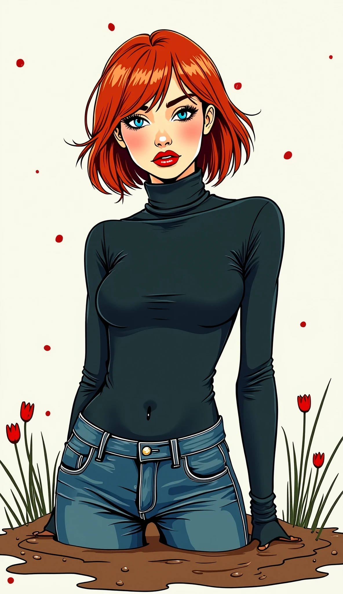 (masterpiece:1.2, best quality), 1girl, 18yo, red panties, black dress, ginger hair, femme fatale, noir, red lipstick, night, dark, 1930s city street, anime minimalist, watercolor