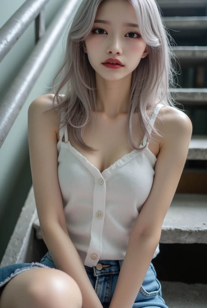 Leaning against the window, sad, Silver Hair, Hair bangs, Shiny Hair, Skin pores, Glowing Skin, Pink T-shirt, In the room, Rain outside the window, night, Lovely, beautiful, naked