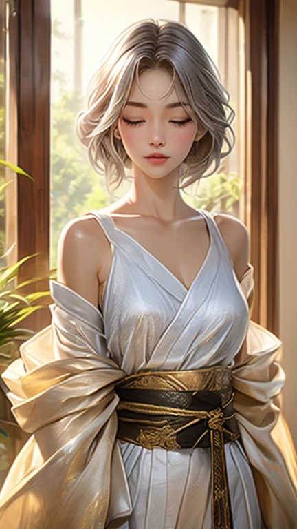 (best quality, masterpiece:1.2), ultra high res, realistic, front lighting, intricate detail, Exquisite details and textures, 1girl, solo ,(young), face highlight, upper body, detailed face, tear mole, white skin, silver hair, ponytail, braid hair, looking at viewer, big eyes, silk robe, (hollow pattern, white, silk), earrings, small breasts, slim body, luxury room, professional lighting, photon mapping, radiosity, physically-based rendering,