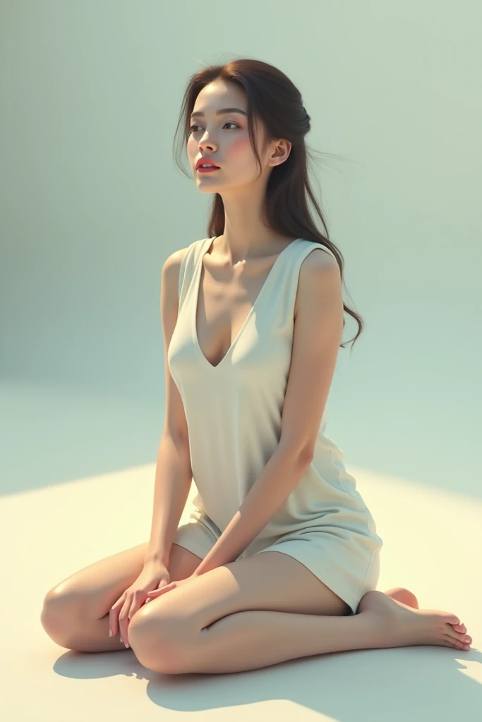 A woman in a white tank top kneeling