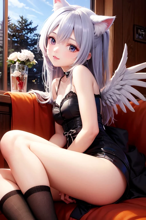 (hyperrealistic), a female angel with white wings, detailed blue eyes, white haired long deity, shiny halo, happy face, trained body, athletic, medium breasts, looking at viewer, sitting on a big cushion, in front of a fireplace