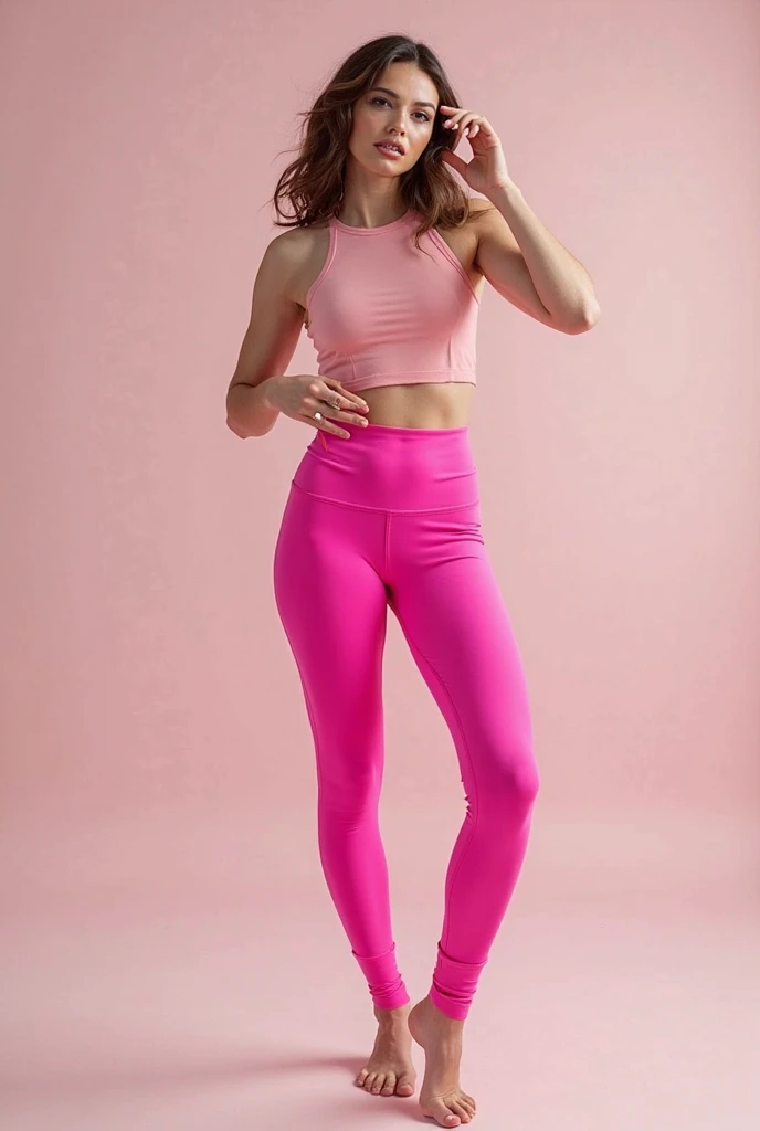 In this cinematic portrait, an elegant Indian model stands poised, dressed in a sophisticated ((( pink leggings )) with intricate (( violet tanktop)) . The kurti features a ((round neckline))with a subtle front slit, elbow-length sleeves, and a straight cut that falls just below the knee with side slits for ease of movement. She pairs it with stylish white ((strappy heels)), adding a modern twist to her traditional outfit.