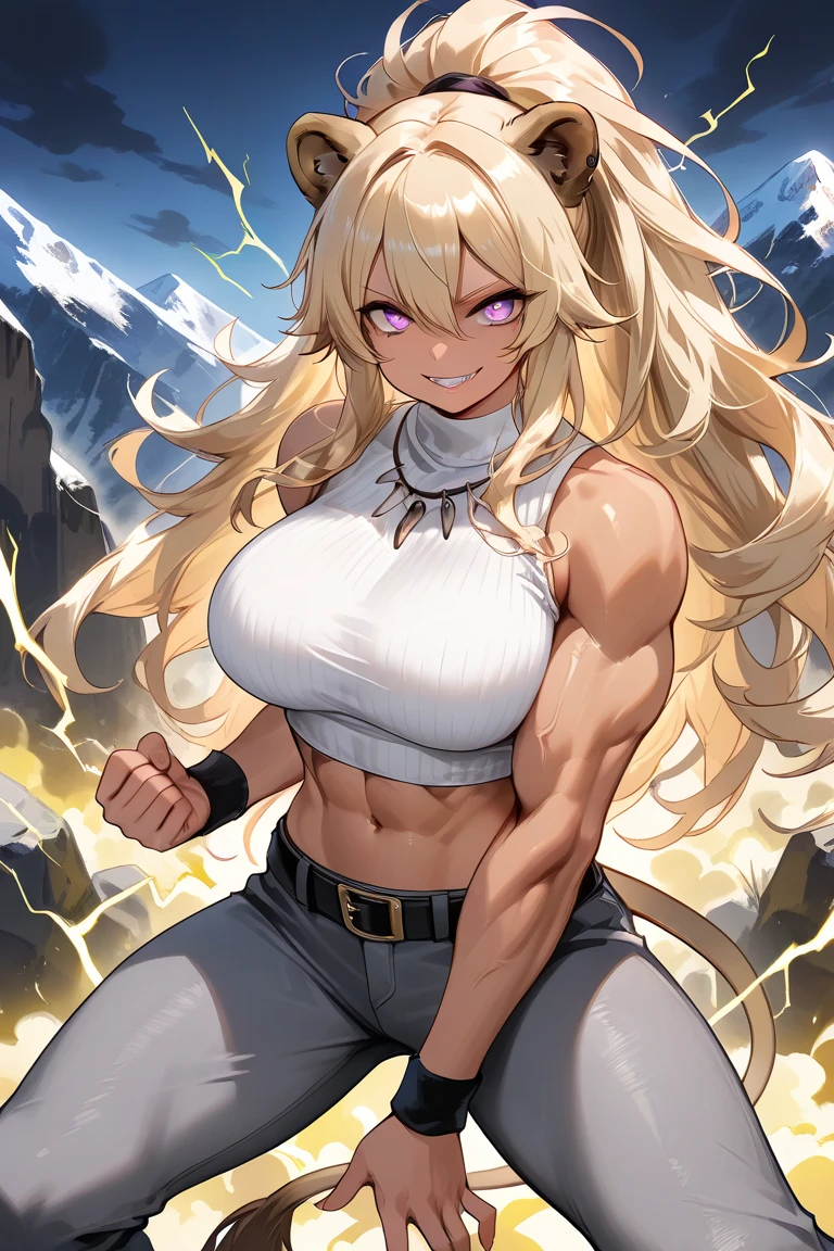 blond hair, darkskinned-female, musclegirl, crazy smile, babarian, revealing cloths, long hair, living hair, red eyes