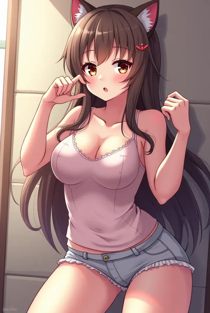 anime girl with big breast posing in a doorway, seductive anime girl, revealing clothes, attractive anime girl, teasing smile, flowing brown hair, pink eyes, denim shorts, white longsleeve shirt, bare shoulders, cleavage