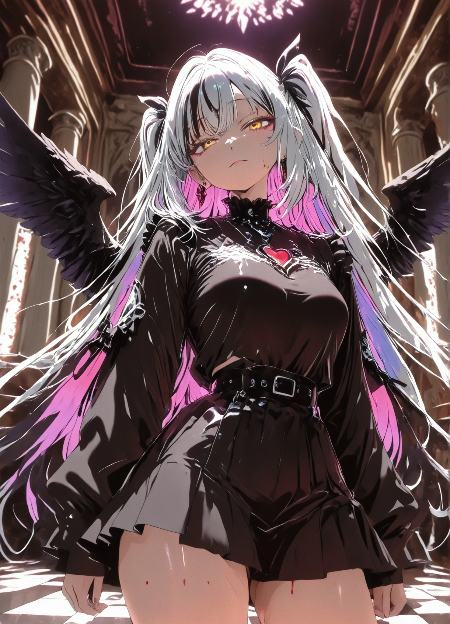 top quality, Perfect Finish, super resolution, Dark Angel, Unemotional Beautiful Girl, Fatigued Face, Black and White Gradation Hair, big black wings on each side, Polite gestures, Gothic Outfit, White Marble Floor, Red and Black Blood Stains Spreading, Awe-inspiring temple, Pillar of Light, Decorated wall, Mysterious Sight