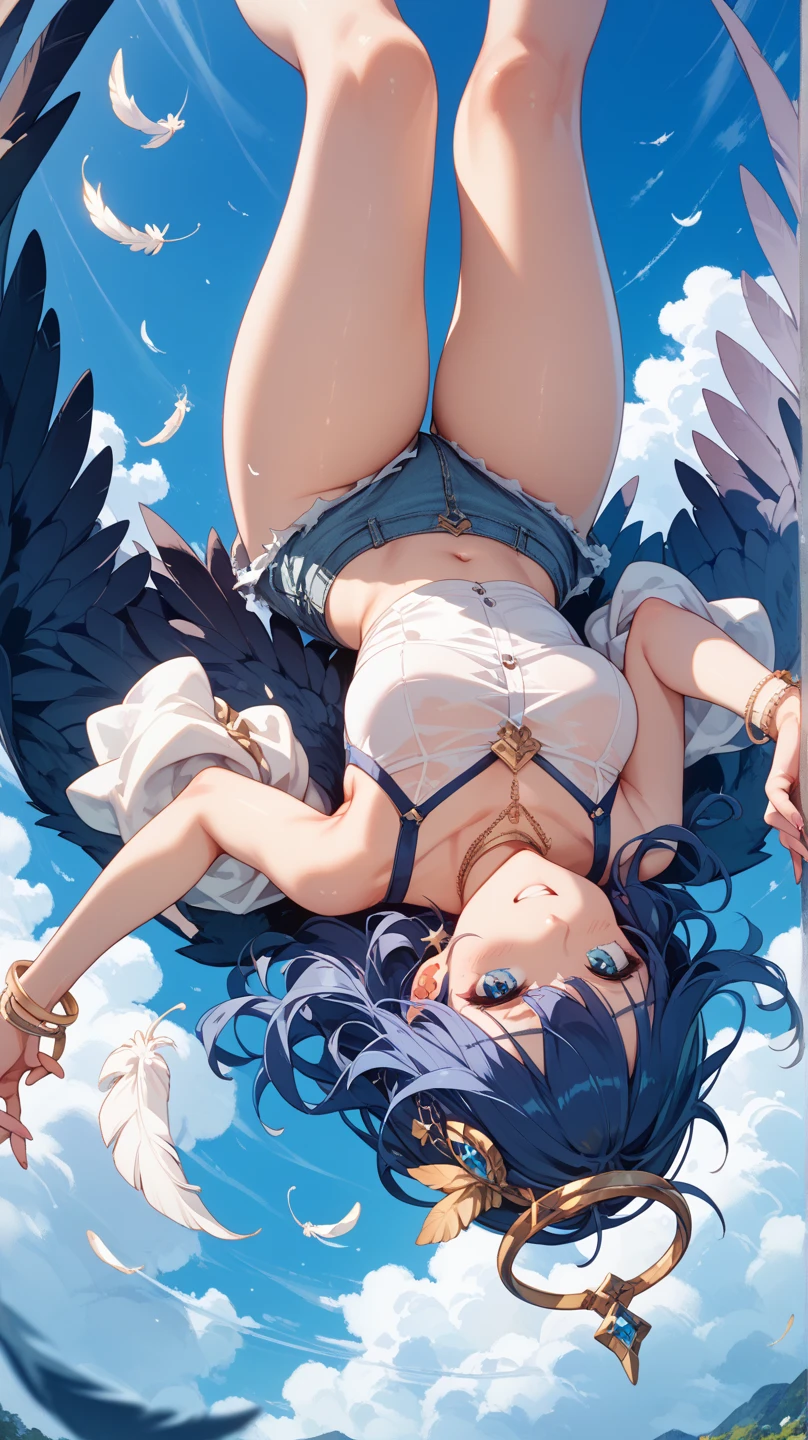 ((Seductive lady:1.3, solo:1.2))、((fusion of Harpy and lady:1.6))、((Winged On the their backs:2))、((feathers clothes:1.2))、((dynamic angle:1.5))、((Soaring in the sky:2))、((blue sky background:1.5))、((full body:1.3))、((underboob:1.3))、((Glossy realistic skin texture))、((shiny skin))、perfect anatomy、masterpiece, ultra-detailliert, 8k, hiquality, Top image quality, Smooth texture、watercolor