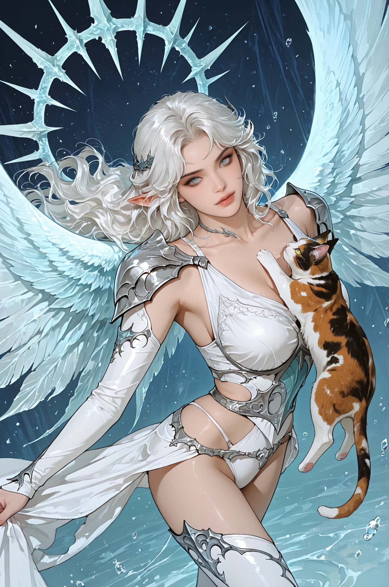 Woman holding a puppy on her lap、(highest quality,8k,High resolution,masterpiece:1.2),Super detailed,(Realistic,Realistic,Photorealistic:1.37),Portraiture, Creative style artwork, historic, Classic, Sophisticated, Variety of colors, Very detailed, Soft lighting, Luxurious surroundings, Delicate fairy flowing dress, Bright flowers, Elaborate jewelry, Mysterious atmosphere, Graceful pose, Graceful curves, Gold Body Proportion, Flowing hair, Breathtaking textile patterns, Clear glossy purple eyes, Delicate floral decoration, An array of dazzling crystal diamond fittings, Mysterious and dreamy atmosphere, Perfect attention to detail.