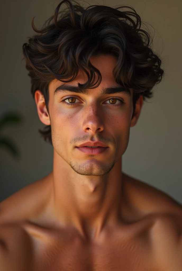 Young handsome cute beautiful skinny white face without shir alsando un conejito