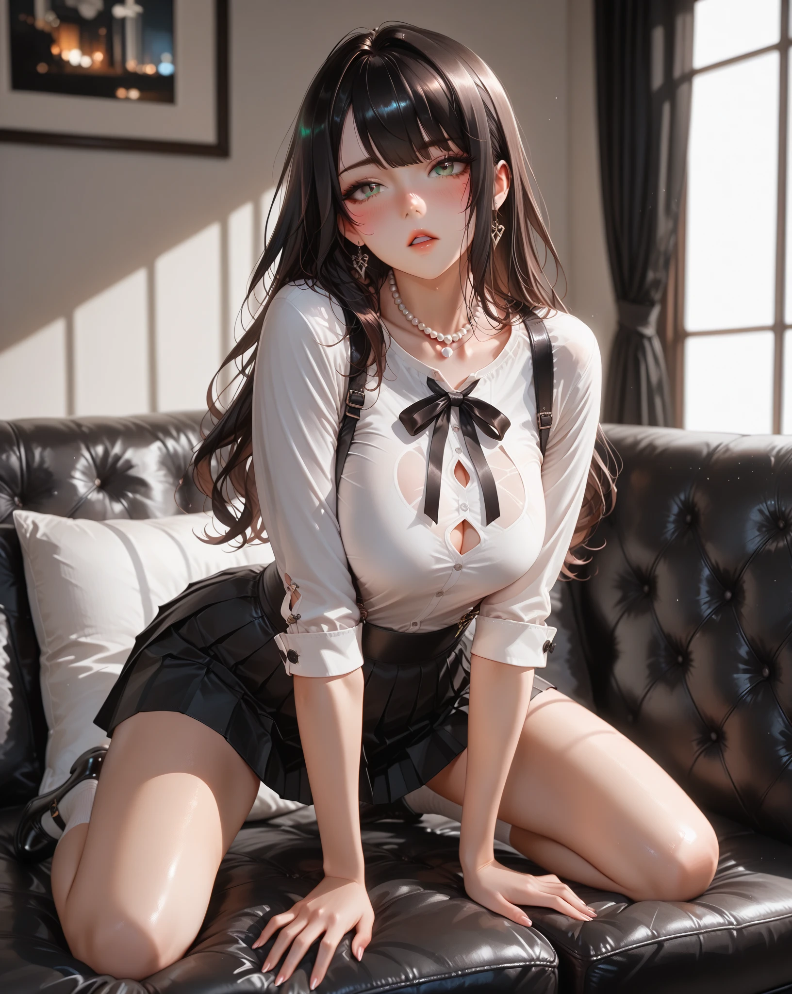 Masterpiece, best quality, highly detailed, 4k. A (((full-body))) fantasy art illustration of an ethereally beautiful 18-year-old girl. She has doll-like caucasian features and ((very pale porcelain skin)). Her large eyes are a striking blue, and she is wearing ((heavy black eye makeup)). She has a very slim body with long thin legs and huge round breasts. She is wearing a tight white crop top, an extremely short black miniskirt, and black boots. She is sitting in an elegant pose that shows off her legs, and her (((whole body from head to toe))) is shown.