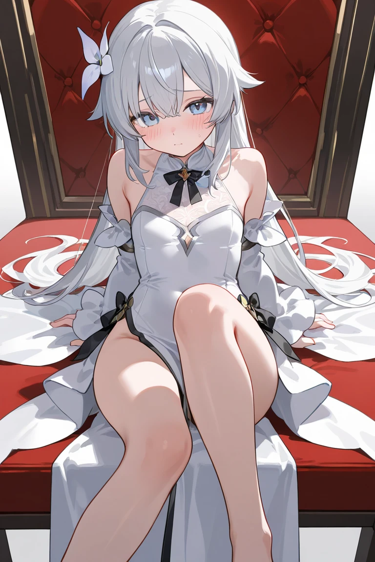 animemanga girl,Gray hair and tiable sitting on a red bed, small curvaceous loli, anime barbie in white stockings, 8K high quality detailed art, anime visual of a cute girl, loli in dress, Smooth anime CG art, Guweiz in Pixiv ArtStation, Anime art wallpaper 8 K, Guviz, Cute anime girl