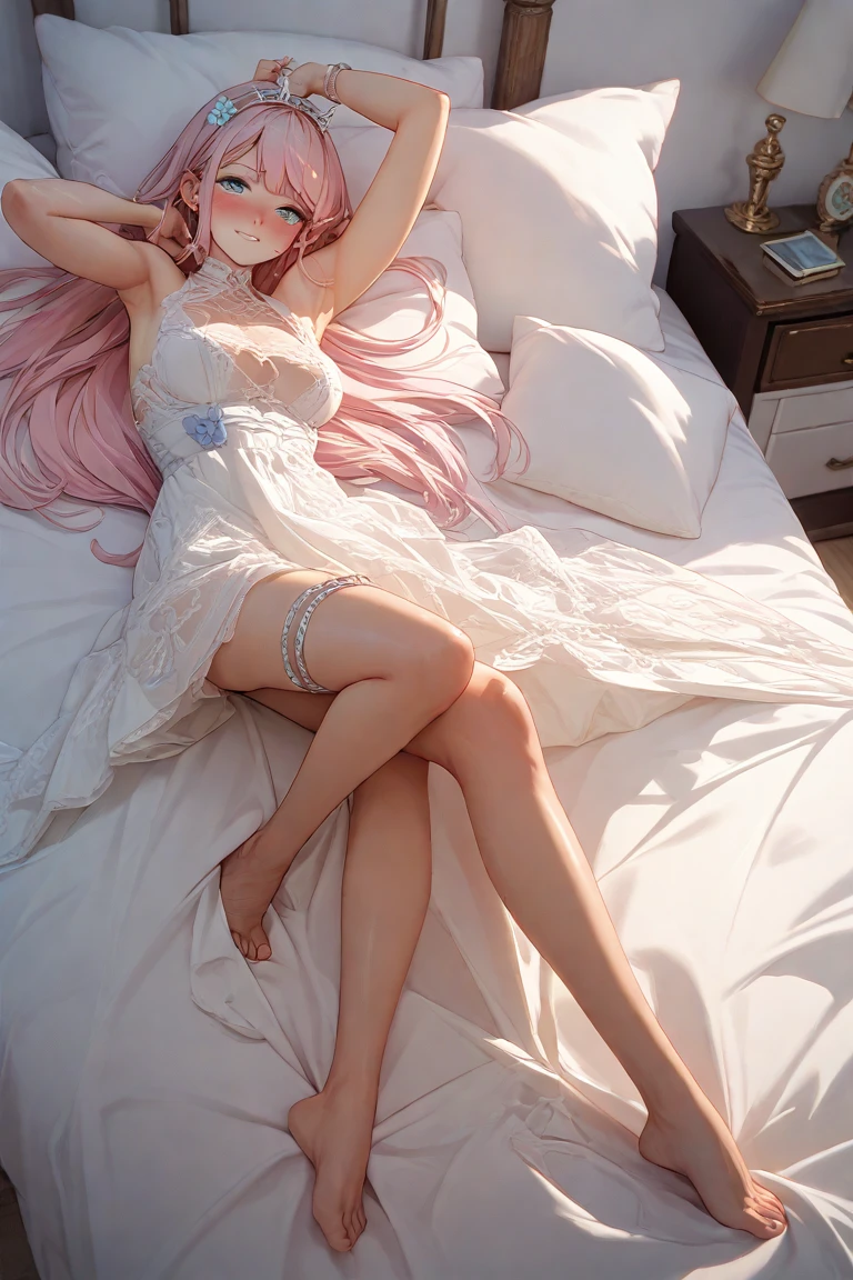Light blue and red color scheme,pink nipple,little body,Petite,White curly hair, high detail, best quality, supper detail, pink pussy , dark background, 5/6 body, hair over nipple, open legs, sleeping dress