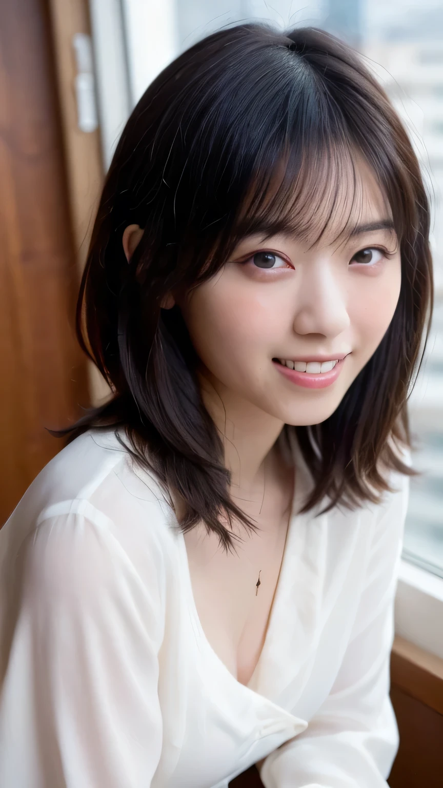Best-quality, Masterpiece, Ultra-High-Resolution, (Photorealistic:1.4), Raw-Photo, at hotel-room, 1girl, 15-years-old, the most famous Japanese idol, wearing only navy-blue jacket, sitting on luxurious-chair, extremely cute face like the most popular Japanese idol, extremely beautiful big-eyes, extremely beautiful black-short-cut-haired, extremely beautiful skins, extremely beautiful long-eyelashes, extremely beautiful lips, looking at viewer, innocent-smile