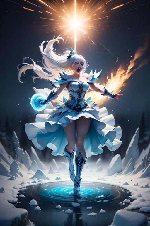 Stand in a disc on the water，Fire in the hands，A circle of fire is raging around the body，Towering icebergs，All Ice World，Endless icebergs，Dark blue light，Art germ on ArtStation Pixiv, Goddess of Light, IG model | Art germ，