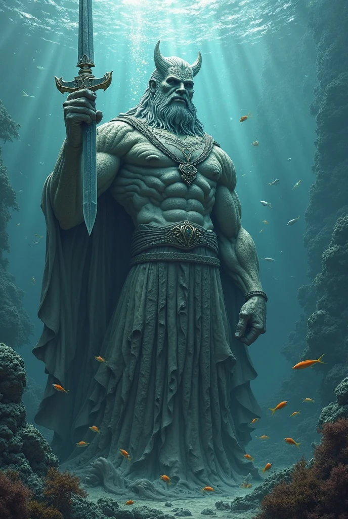 God Poseidon imposing ultra detail and realistic standing staring at me holding his trident and armor on his throne in the water clearly visible