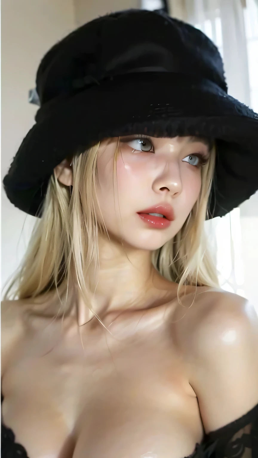 blond woman with a hat on her head posing for a picture, with hat, face like ester exposito, wearing a chocker and cute hat, bella poarch, she is wearing a hat, yelena belova, dasha taran, white bangs, leaked image, hair whitebangs hair, 18 years old, instagram model ,  blackpink Jennie , Korean famele face , Asian face , cute Korean face , blackpink lisa 